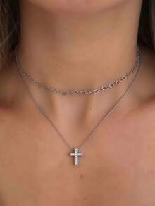 1pc Elegant Zirconia Inlaid Cross & Heart Pendant Dual Layer Necklace, Suitable For Women's Daily Dates, Music Festivals - Silver - View 1