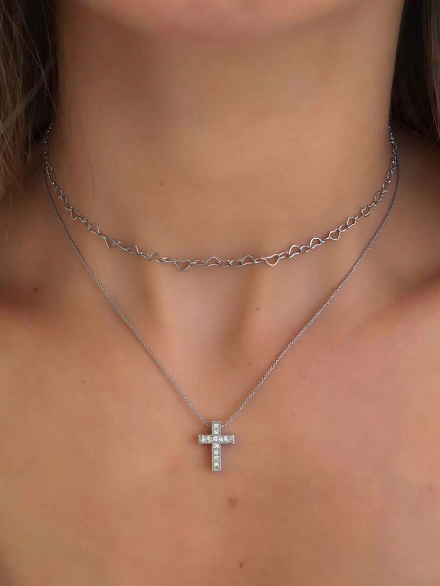 1pc Elegant Zirconia Inlaid Cross & Heart Pendant Dual Layer Necklace, Suitable For Women's Daily Dates, Music Festivals - Silver - View 1