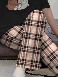 Conjunto de top de manga corta y pantalones de verano para adolescentes, conjunto de ropa con estampado de conejo de dibujos animados y cuello redondo - Negro - Ver 3