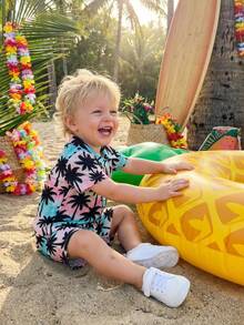 Toddler Baby Boy Hawaiian Outfits Summer Beach Coconut Tree/Palm Leaf Button Down Shirt And Shorts Vacation Clothes - 藍色 - 查看 4