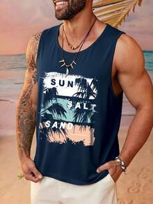 1件男士夏季休闲椰树撞色印花圆领背心 - 藏蓝色 - 查看 2