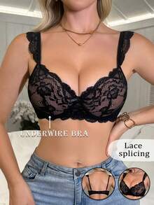 1pc Sexy Lace Semi-Sheer Back Hook Closure Women's Underwire Bra - Black - View 3