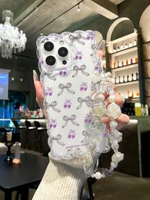 Cherry Bow Knot Braided Transparent Wavy Edge Minimalist High-End TPU Painted Anti-Drop Phone Case For IPhone 17/17Pro/17Air/17ProMax, 16/16Pro/16Plus/16ProMax, 15Pro/15ProMax, 13, 14, 11, P12, X, 12/14 Soft Protective Case - Multicolor - View 2