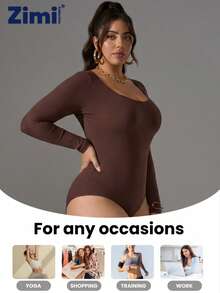 Zimi Collection 1 件装加大码无缝运动塑身连体衣，女款 1XL-5XL，棕色长袖提臀收腹运动连体衣，适合健身房训练、瑜伽、跑步等健身活动。 - 棕色 - 查看 8
