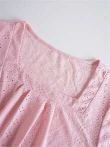 刺绣镂空方领T恤，休闲短袖褶皱前襟上衣，春夏款，女款粉色 - 粉色 - 查看 4