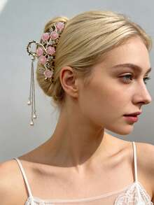 Presilha de cabelo Y2K Sweet Girl * Estilo romântico de primavera com rosa rosa, strass e borla de pérolas em dourado. Design requintado, perfeita para passeios de primavera, jantares românticos, looks com Hanfu, chá da tarde com a melhor amiga, estilo streetwear de férias. Acessório de cabelo versátil e elegante, com presilha de garra para um visual casual e sofisticado. - Multicolorido - Ver 8