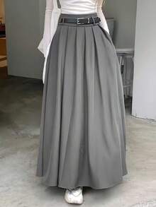 Autumn/Winter High Waist Draped Pleated Long Skirt, Elegant Commute A-Line Maxi Skirt For Halloween And Christmas - Grey - View 4