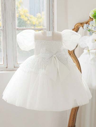 Young Girls' Round Neck Sequin Bow Tulle & Satin Patchwork Elegant Flower Girl Dress, Suitable For Birthday, Ball, Banquet Celebration, Does Not Include Headband