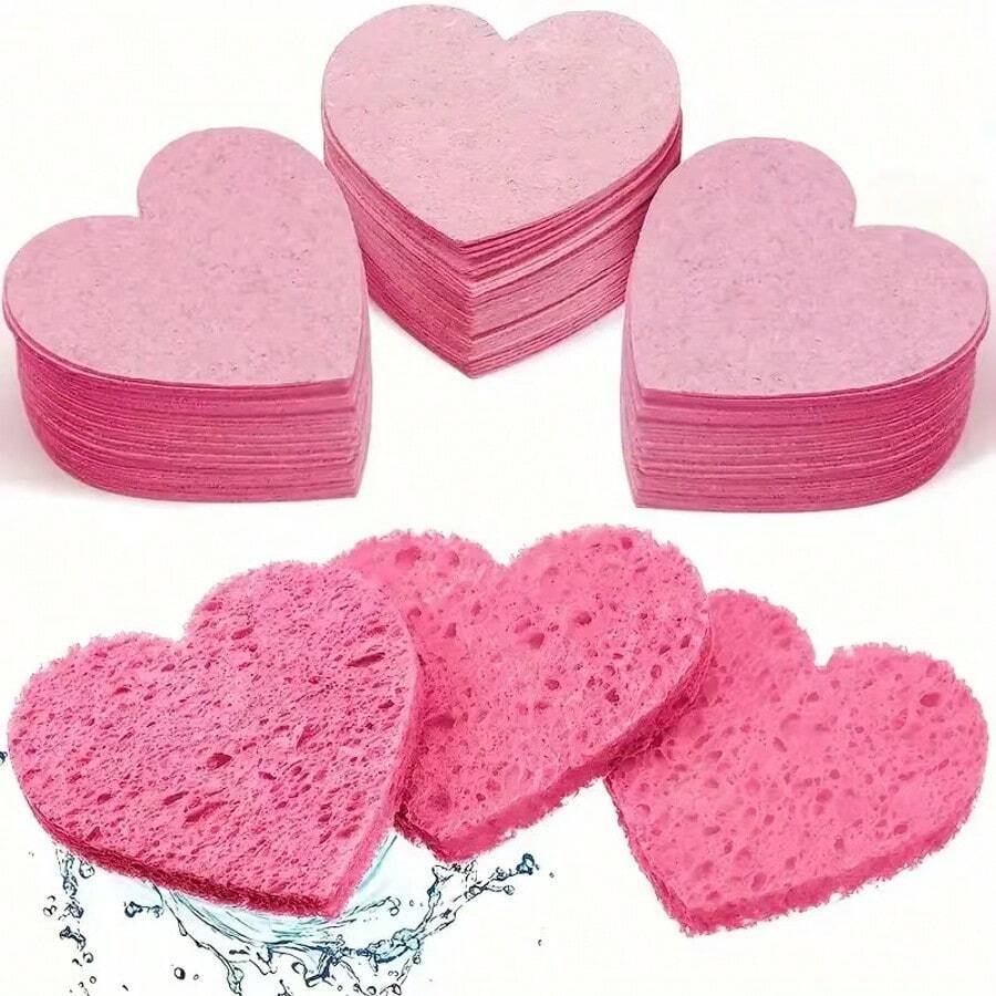 50pcs Heart-Shaped Natural Sea Sponge Pads - Professional Quality Face Cleansing Sponges, Suitable For Washing, Exfoliating And Makeup Removal - Heart-shaped - View 1