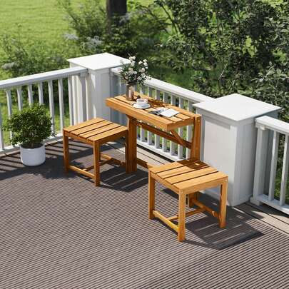 3-In-1 Outdoor Acacia Wood Loveseat Bench Furnitur With Slatted Seat For Garden