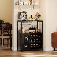Mueble Bar de Vino 3 Niveles con Estante para Copas y Almacenamiento Multifuncional para Sala y Comedor - Negro con luces - Ver 6
