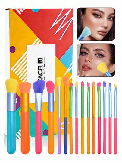 15pcs Colorful Rainbow Multi-Functional Full Makeup Brush Set - Powder Blush Foundation Eyeshadow Blending Contour Brushes, Super Fine & Non-Caking, Ultra-Soft Bristles, Perfect Makeup Tools For Beginners, Essential Brush Kit For Flawless Application