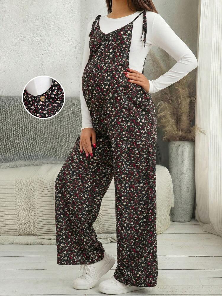 孕妇碎花纽扣设计休闲连体裤，带背带，孕妇连体裤，碎花孕妇装，碎花孕妇连体裤，春夏碎花孕妇连体裤 (JH25127) - 黑色 - 查看 6