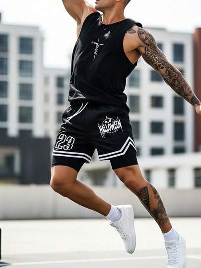 Men's Summer Casual Fashion 2 In 1 Shorts And Vest Suit, Outdoor Sports