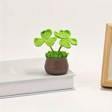 Artificial Plant Potted, Hand-Crocheted Four-Leaf Clover Potted Plant, Home/Office Desk Decor, Unique Handmade Woven Gift For Wife/Girlfriend/Sister/Mother, Valentine's Day/Birthday/New Year Decoration - Multicolor - View 3