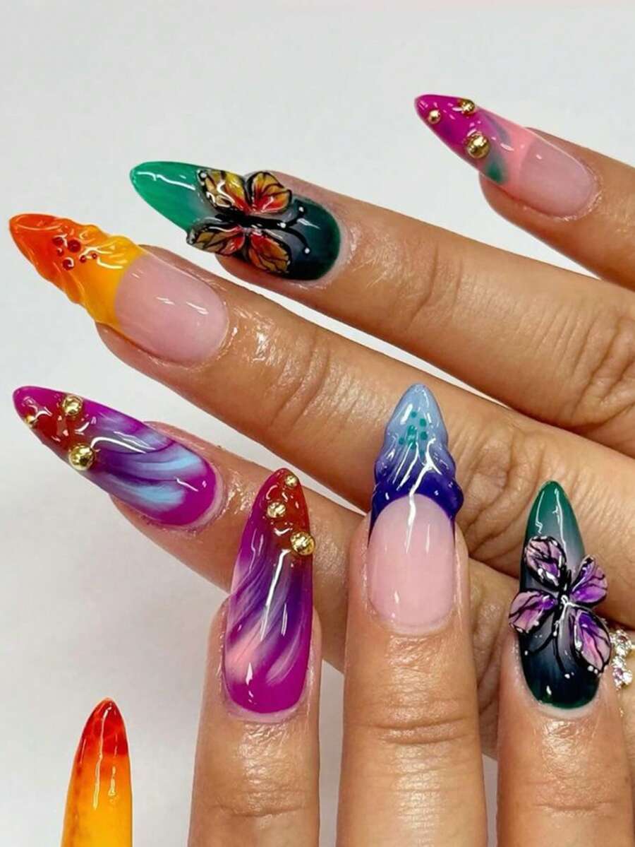 30pcs 3D Butterfly Nail Stickers, Blue & Pink Ombre Color, Nail Art Supplies Suitable For Everyday Wear, Spring/Summer Nails - Multicolor - View 1