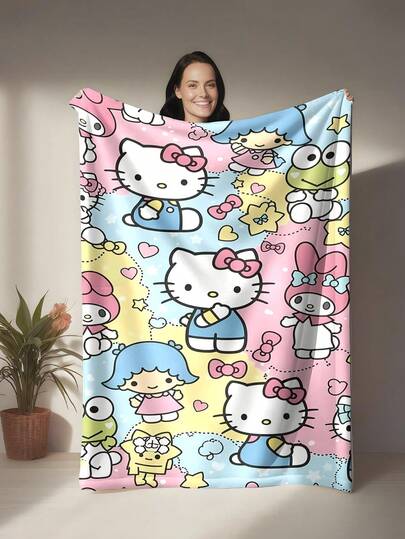 Sanrio Hello Kitty Themed Flannel Blanket, Featuring Multiple Classic Characters, Rainbow-Colored Background With Yellow, Pink, And Blue, Decorated With Cute Elements Like Hearts And Stars, Vibrant And Playful Style With Childlike Charm And Healing Qualities, Warm And Soft, Suitable For Sofa Throws, Nap Blankets, Bedding Decor