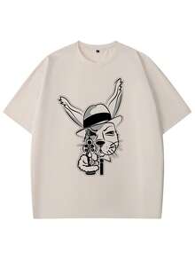 1件男士时尚百搭朋克兔子印花短袖T恤，夏季 - 杏色 - 查看 3