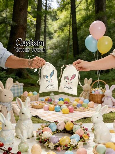 1pc Personalized Easter Bunny Gift Bag – Custom Name Canvas Treat Bag, Modern Cute Bunny Design, Reusable Easter Basket Alternative, Perfect Easter Holiday Gift For Kids & Family