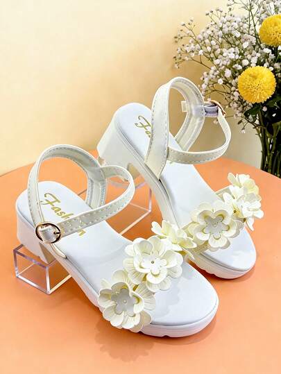 1 Pair Fashionable Children's High Heel Sandals, Elegant Girls' High Heel Sandals, White Flower Decor, Adjustable Buckle Design, Suitable For Daily Outing, Wedding Party, Summer Travel