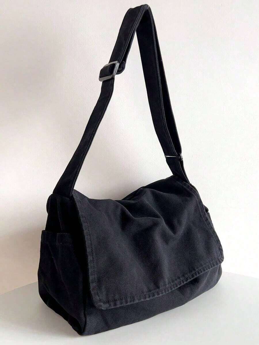 Vintage Minimalist Versatile Flap Shoulder Bag, Thick Washed Canvas Bag, Casual Versatile Large Capacity American Messenger Bag, College Style Japanese University Student Schoolbag, Short Trip Travel Bag, Simple Street Cloth Bag, Black Crossbody Bag , Old Money - 黑色 - 查看 1