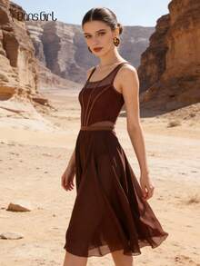 DonsGirl 1pc Women's Elegant Flowing Chiffon Tutu Skirt, Mid-Length Elastic Waist Ballet Princess Party Cosplay Performance Dance Costume - Coffee Brown - View 2