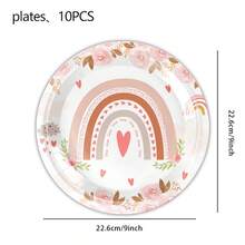 Kit de 50 piezas de vajilla desechable estilo boho chic con arcoíris pastel, platos, vasos y servilletas con hermosos estampados de rosas y corazones. Excelente opción para fiestas de cumpleaños de niñas, baby showers, despedidas de soltera y bodas bohemias, decoración y artículos esenciales perfectos para un ambiente romántico - Multicolor - Ver 8