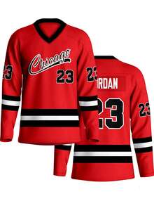 男士刺绣冰球球衣 23 红色休闲 V 领长袖 T 恤 派对运动上衣 - 紅色 - 查看 1