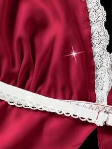 情人节礼物蕾丝缎面性感内衣套装 - 吊带开衩文胸和弹力短裤 - 女士贴身睡衣 - 酒紅色 - 查看 5