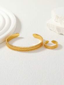 斋月闪亮纹理编织女士首饰套装（2件套），可调节手链和戒指，开斋节/婚礼必备 - 金黃色 - 查看 3