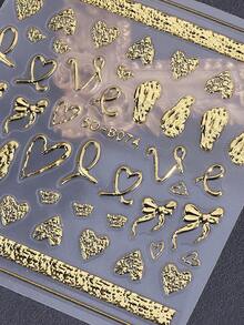 قطعتان ملصقات فن الأظافر مزخرفة بارزة 5D ذهبية بشكل شريط وعقدة قلب، ديكورات أظافر DIY لاصقة لعيد الحب والمناسبات، مستلزمات فن الأظافر للصالونات والاكسسوارات - الذهبي - مشاهدة 6