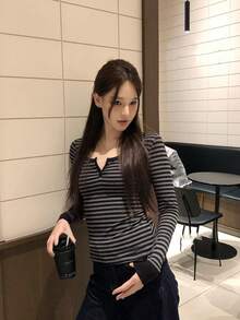 条纹长袖T恤，修身性感上衣，适合秋冬季穿着 - 黑灰條紋 - 查看 3