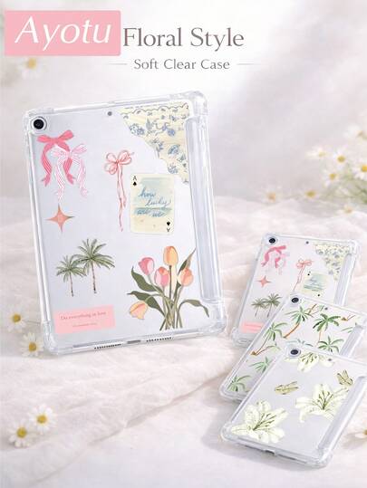 Ayotu 1pc Floral, Coconut Tree, Bow Transparent Soft Silicone Full Body Protective Case For IPad 11th Gen/IPad 10/IPad 9/IPad Air 7th 11-Inch/IPad Air 5th/Kindle Paperwhite 11th/Kobo Libra Colour/Kindle 6-Inch