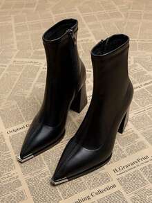 2026 Spring/Autumn New Vintage Classic Black & Brown Metal Pointed Toe Side Zipper High Heel Ankle Boots For Women - Black - View 13