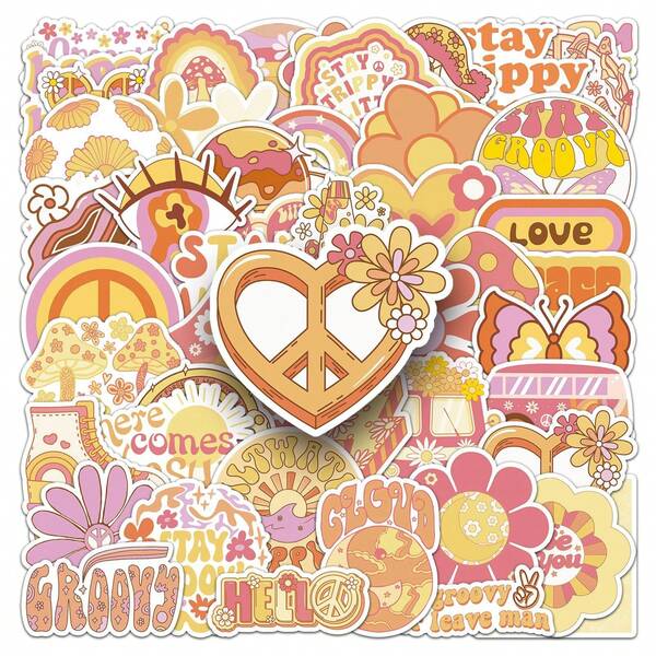 50 piezas Pegatinas de estilo bohemio y dibujos animados hippie, decoración DIY resistente al agua para teléfono, computadora, pared, monopatín, taza, ventana, pequeño regalo para adolescentes, suministros para scrapbooking, papelería, pegatinas divertidas Kindle