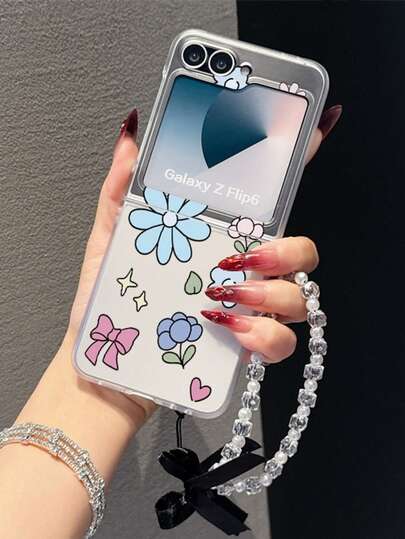 1pc Fashionable Matte PC Material Minimalist Cute Floral Folding Phone Case, Comes With Matching Wristband, Protective Anti-Drop, Suitable For Samsung Galaxy Z Flip 3/Z Flip 4/Z Flip 5/Z Flip 6/Z, Find N3 Flip, Razr 50 Ultra/Razr 60 Ultra/Razr 60/Razr 50, MIX Flip, Galaxy Z Flip7 FE