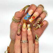 DiDaNail 10 PCS Handmade Square Press-On Nails | Amber Religious Palace Style With Amber & Nude Bases, Angel & Cross Embellishments - 摩卡棕 - 查看 2