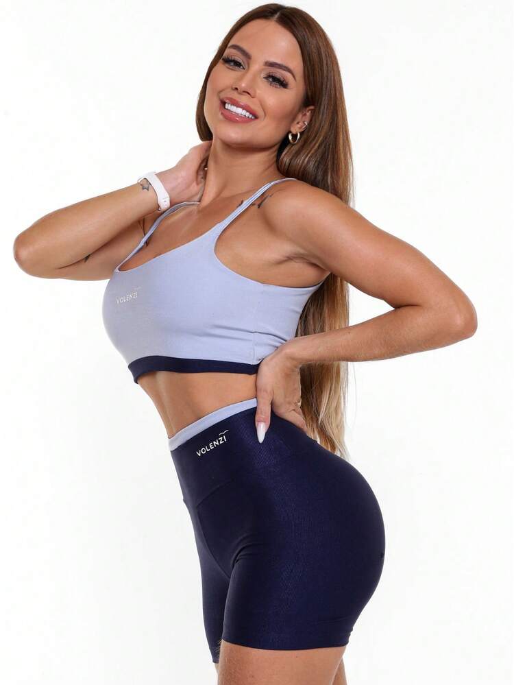 Shorts Fitness Duo Canelado Cintura Alta Compressão Conforto Academia - Azul Marinho - Visão 6