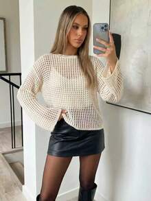 镂空落肩开衫针织毛衣，长袖套头针织衫，适合秋冬季度假海滩穿着，白色 - 白色 - 查看 2