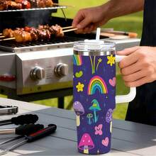 1 Stainless Steel Straw Cup| Enchanted Forest Animal Print, Cute Mushroom & Rainbow Design, Leak-Proof, Ergonomic Handle, 40OZ Capacity, Reusable Halloween Gift Durable Stainless Steel Water Bottle With Detachable Cup For Daily Use, Water Bottle Coffee Bar Essentials| Perfect Grandpa Grandma & Best Friend Gifts - White - View 8