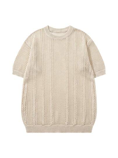 男士新款休闲宽松纯色竖条纹镂空半透明透气韩版百搭通勤基础款圆领短袖针织T恤上衣，春夏款