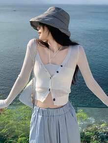 New Textured V-Neck Cropped Cardigan, Sleeveless Camisole Top, Lightweight Sun Protection Set For Spring/Summer - Milky White - View 4
