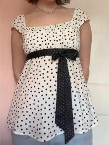 Tops De Mujeres For Going Out Cap Short Sleeve Scoop Neck Tees Dots Print  Pelpum Top Shirt Harajuku Vintage Clothes Y2K Loungewear - 白色 - 查看 1