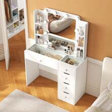 35.5 Modern Vanity Desk With Lighted Mirror, Makeup Vanity Table With Glass Top, 10 USB Power Bulbs Mirror 3 Color & Brightness Adjustable,Bedroom Vanity Set Girls Women,New Year - 白色 - 查看 2