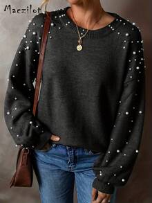 Damen Große Größen eleganter Rundhals Strickpullover mit Perlenverzierung für Herbst/Winter - Schwarz - Übersicht 2