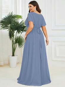 Đầm dài màu xanh xám thanh lịch, cổ chữ V, tay bồng xếp ly, thích hợp cho phù dâu dự tiệc cưới, tiệc mùa xuân/hè. - Màu xanh bụi bặm - Xem 2