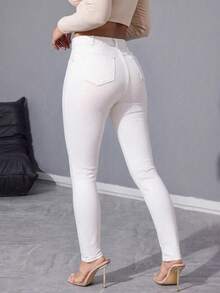 Lässige vielseitige einfarbige Stretch Skinny Jeans mit Taschen - Weiss - Übersicht 2