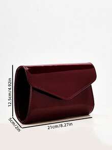 2025新款时尚银色金属晚宴包，女士PU皮革亮面镜面翻盖手拿包，优雅派对单肩包配链条钱包 - 酒紅色 - 查看 4
