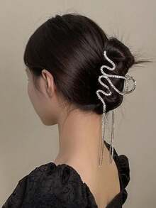 1件装女士时尚波浪流苏链条发夹，镶嵌闪亮钻石，蛇形编织发夹，鲨鱼形发钩头饰发饰 - 彩色 - 查看 4