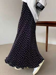 Chic Women's Black Polka Dot Pleated Skirt, Long Ruffle Hem Polyester Skirt For Casual Style Spring - Black and White - View 4